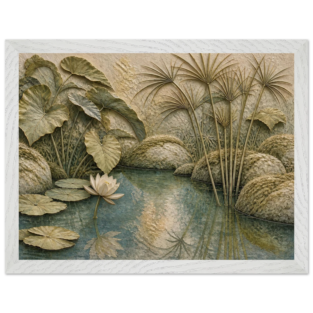 Papyrus Pond: lake, papyrus and serene greens. Museum-quality framed fine art print.