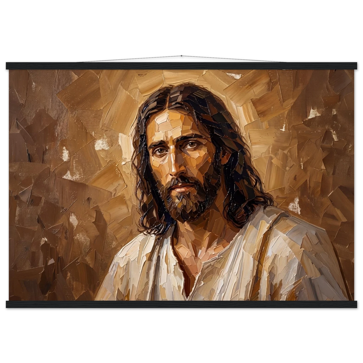 Kind Eyes: jesus, faith and serene gaze. Fine art poster with wooden hanger by The Light Stays.