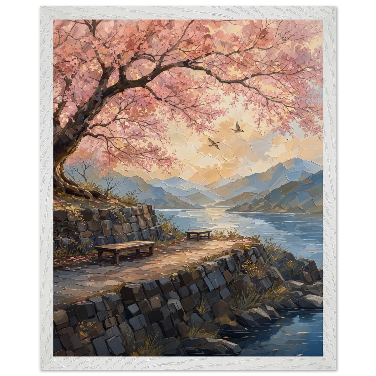 Cherry Blossom Lake: japanese art, sunset and japandi. Framed fine art print by The Light Stays.