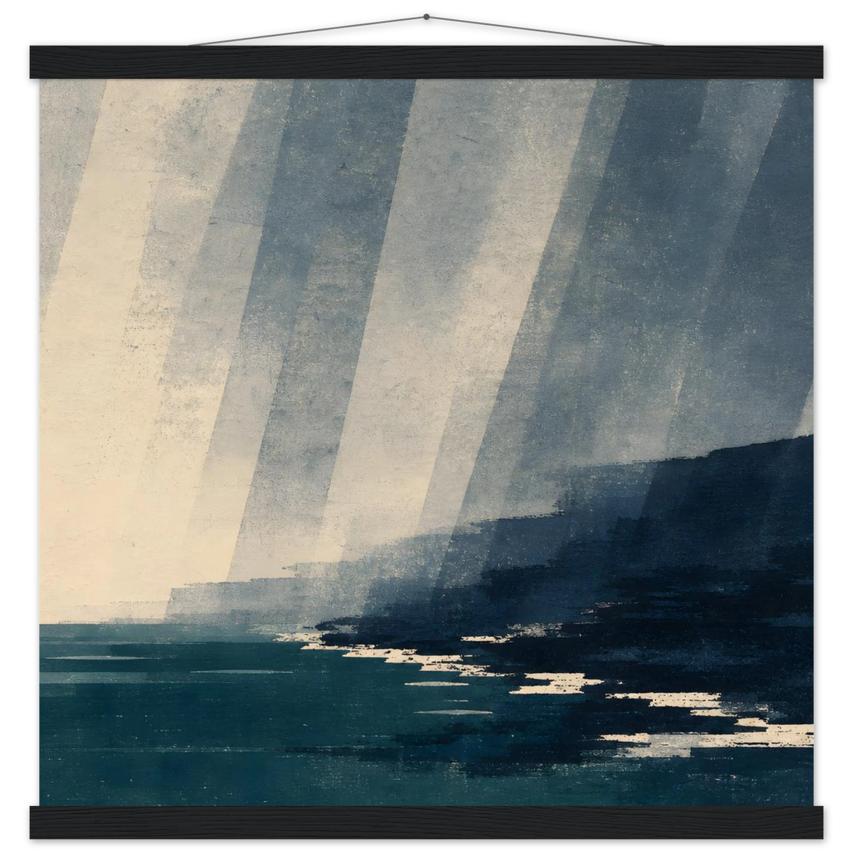 Rain Coast: japandi, teal blue and atmosphere. Fine art poster with wooden hanger by The Light Stays.