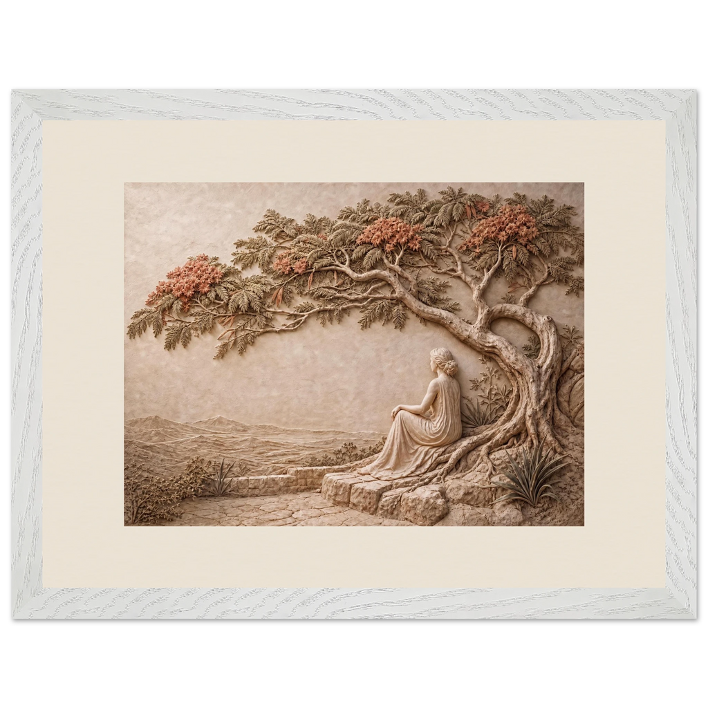 Under the Blossoms: impasto, figure and blossoming canopy. Framed fine art print by The Light Stays.
