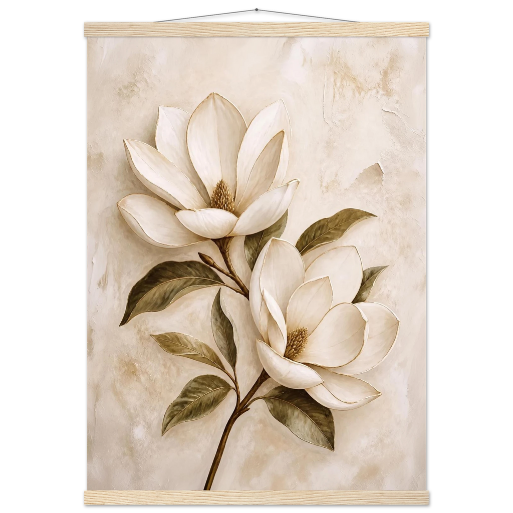Gilded Magnolia, flowers and botanical. Archival fine art poster shown framed.