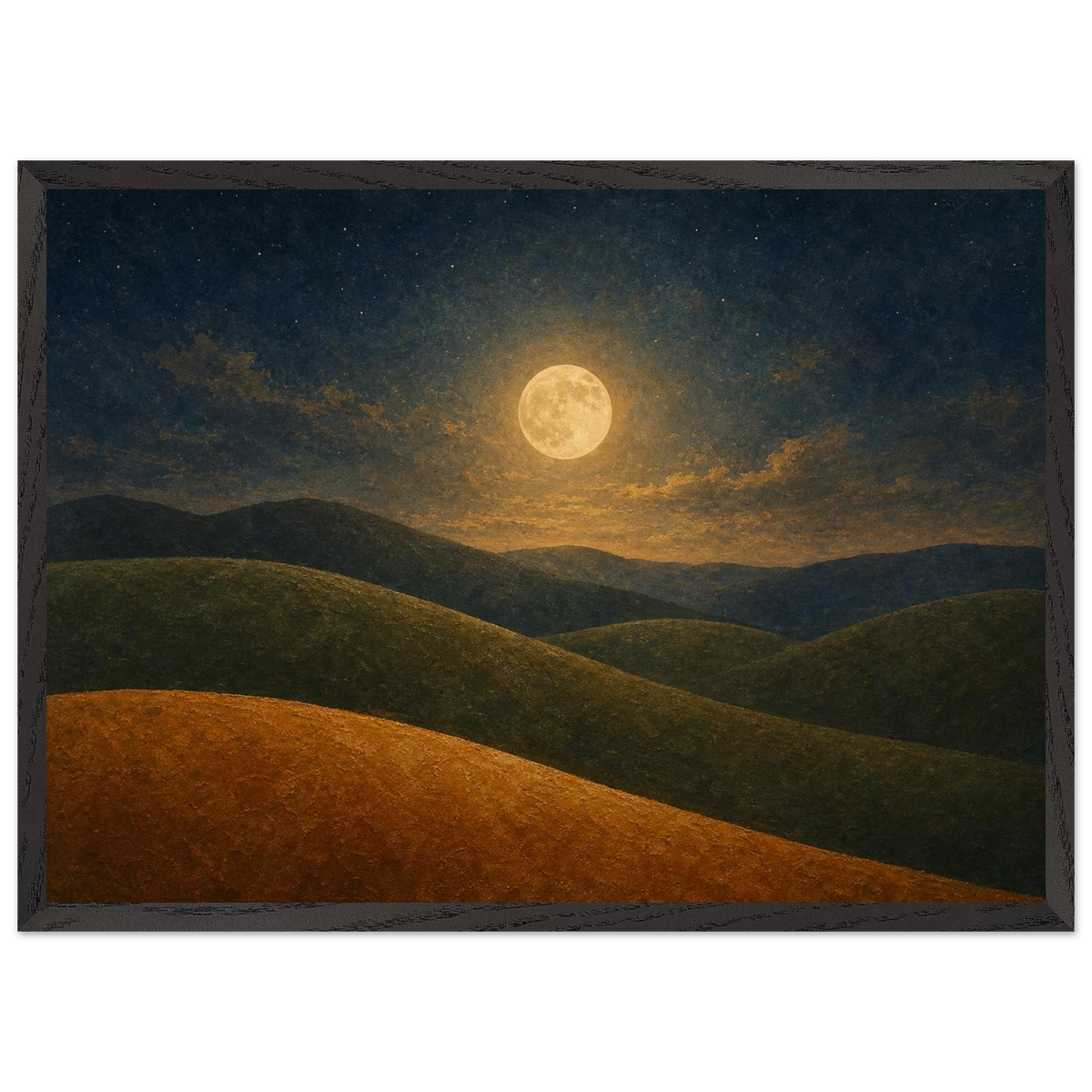 Moon Hills: night, minimalist landscape and charcoal. Framed fine art print by The Light Stays.