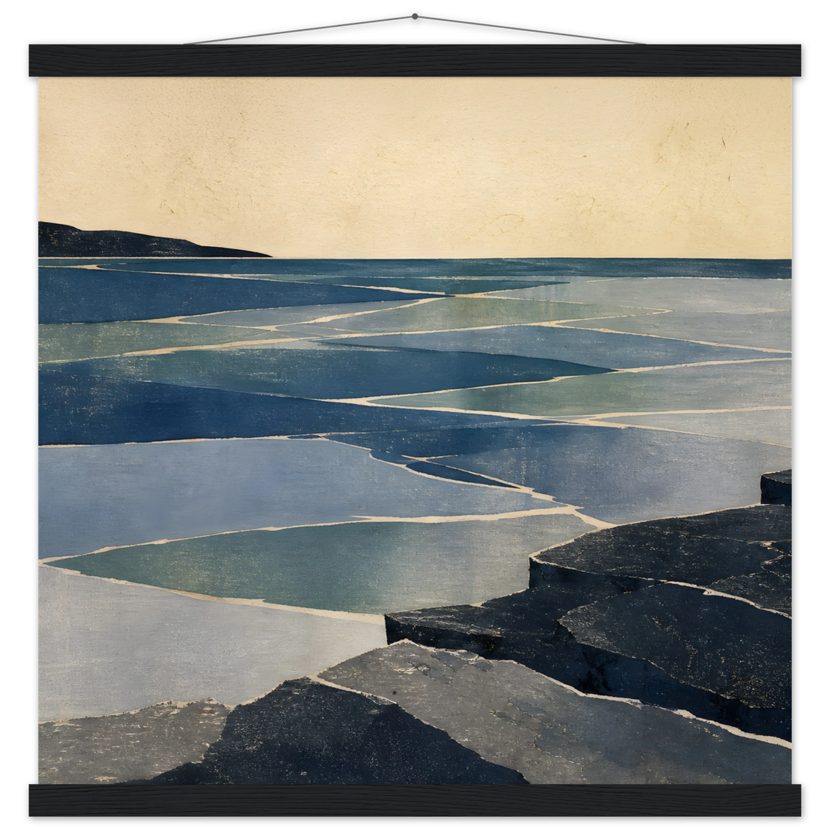 Indigo Tide: coastal landscape, jade water and japandi. Fine art poster with wooden hanger by The Light Stays.