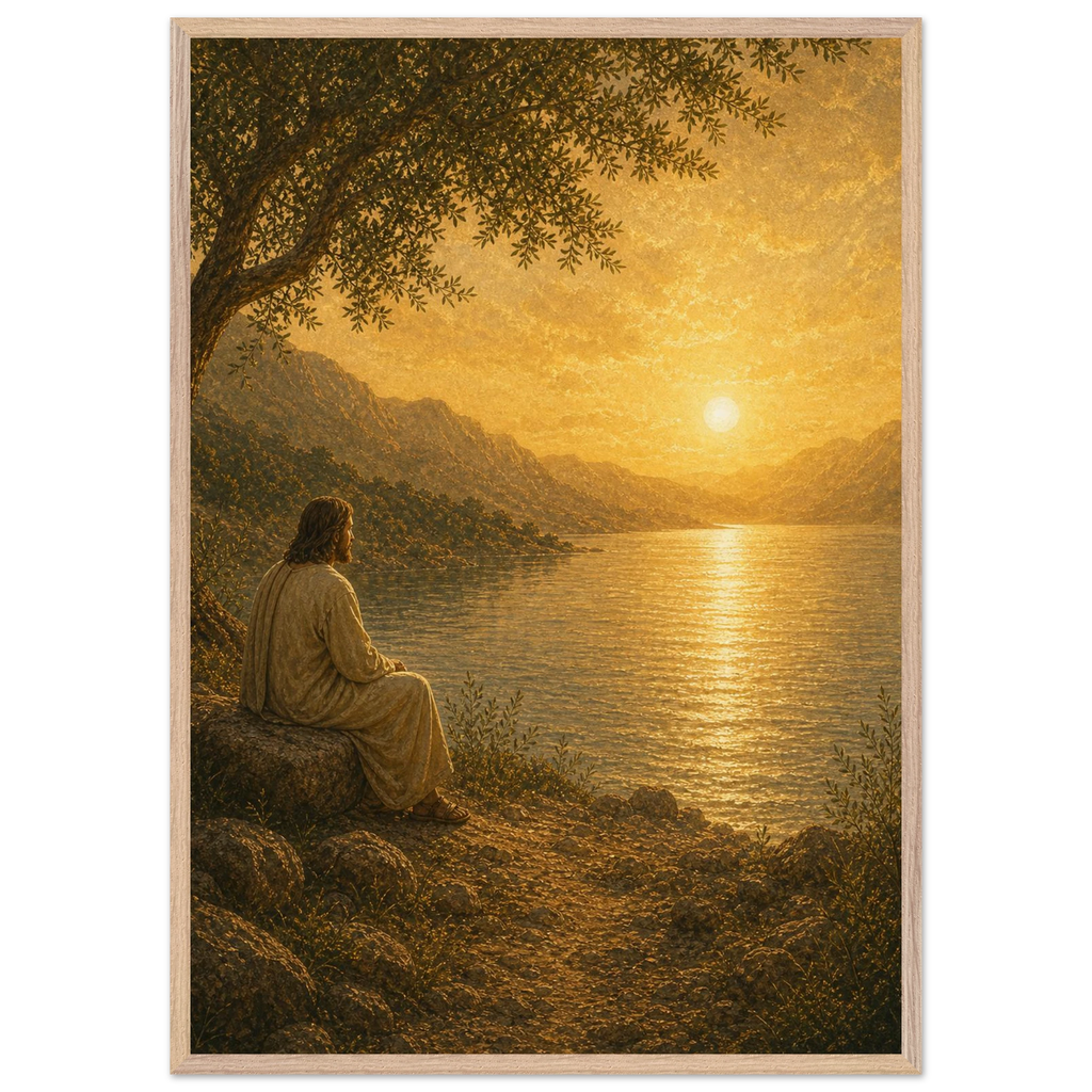 Quadro cristão Bênção do Lago, Jesus sob uma oliveira diante de um lago dourado