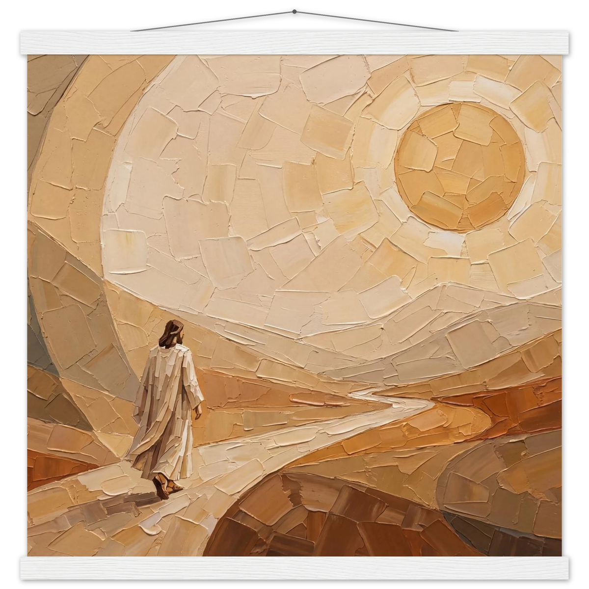 Lightfall: jesus, landscape and golden tones. Fine art poster with wooden hanger by The Light Stays.