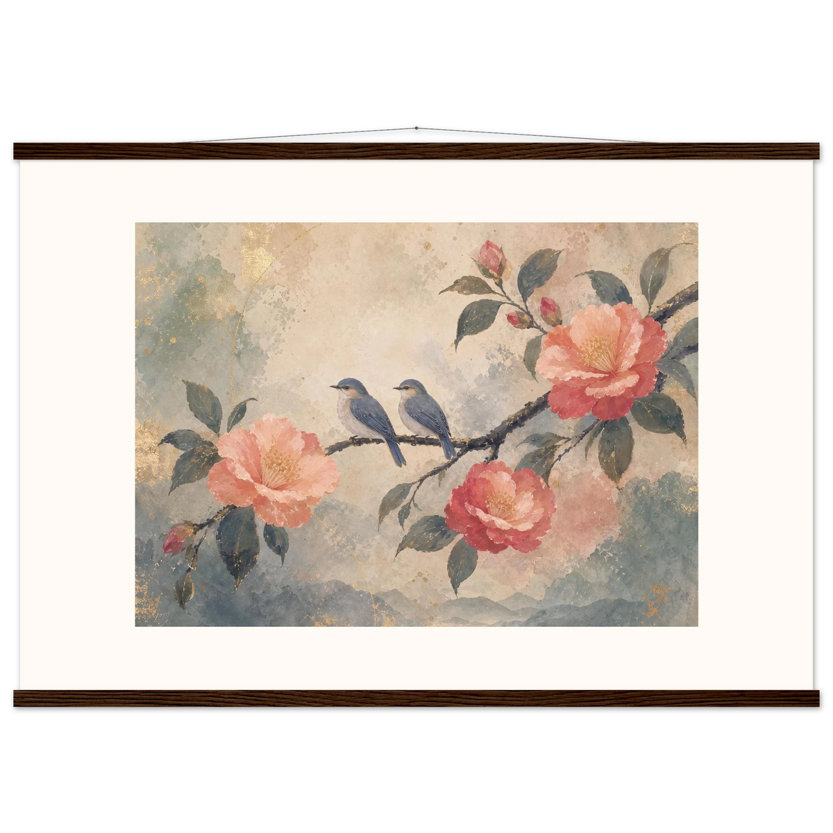 Camellia Birds: flowers and botanical. Fine art poster, alternate frame and size.