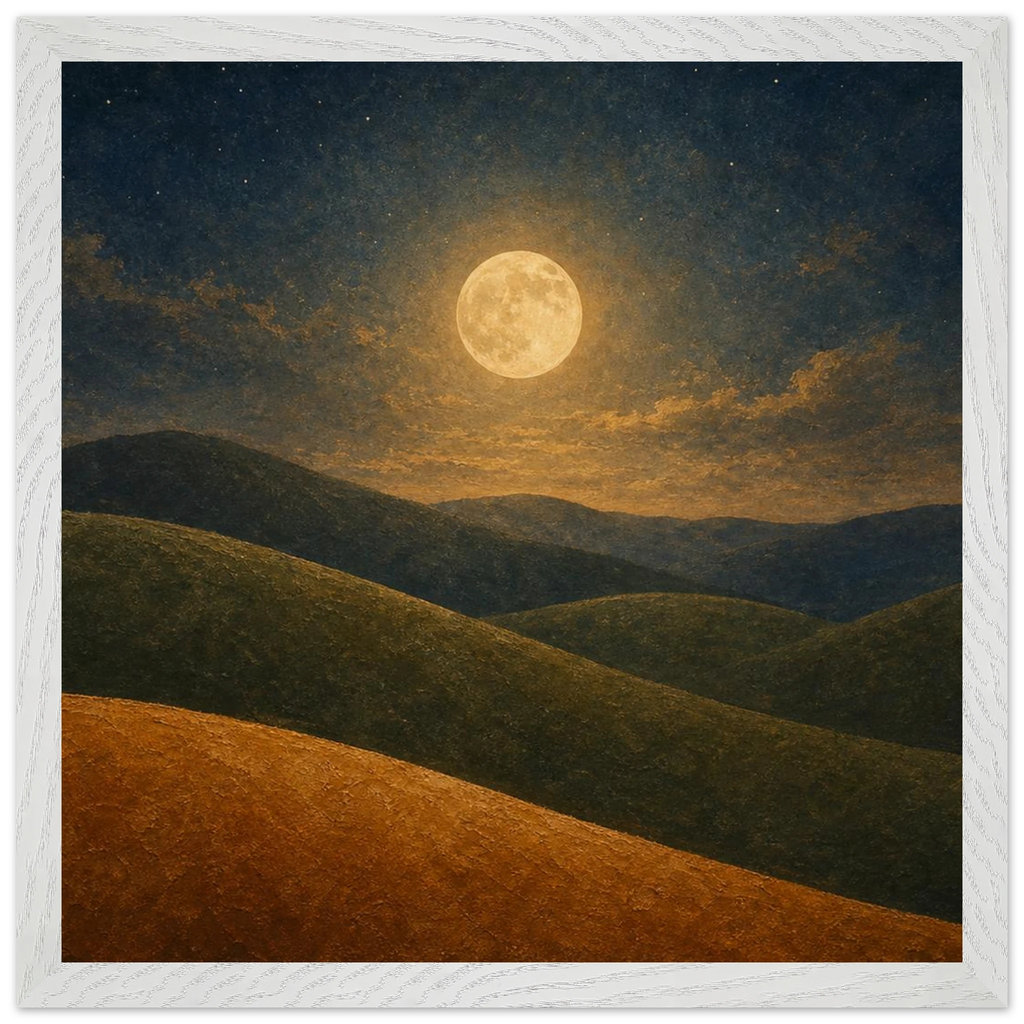 Quadro emoldurado Colinas da Lua, lua cheia sobre colinas em oliva e argila