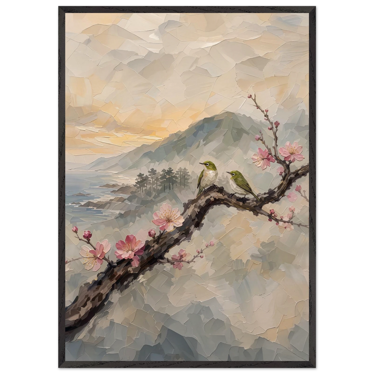 Plum Branch Pair: birds, japanese landscape and japandi. Framed fine art print by The Light Stays.