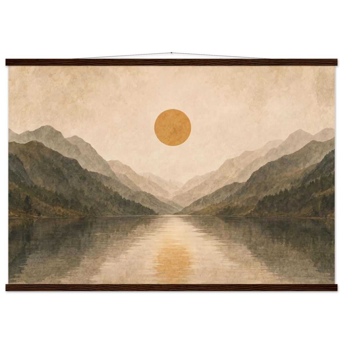 Lake Mirror: mountains, sunset and sun reflection. Fine art poster with wooden hanger by The Light Stays.