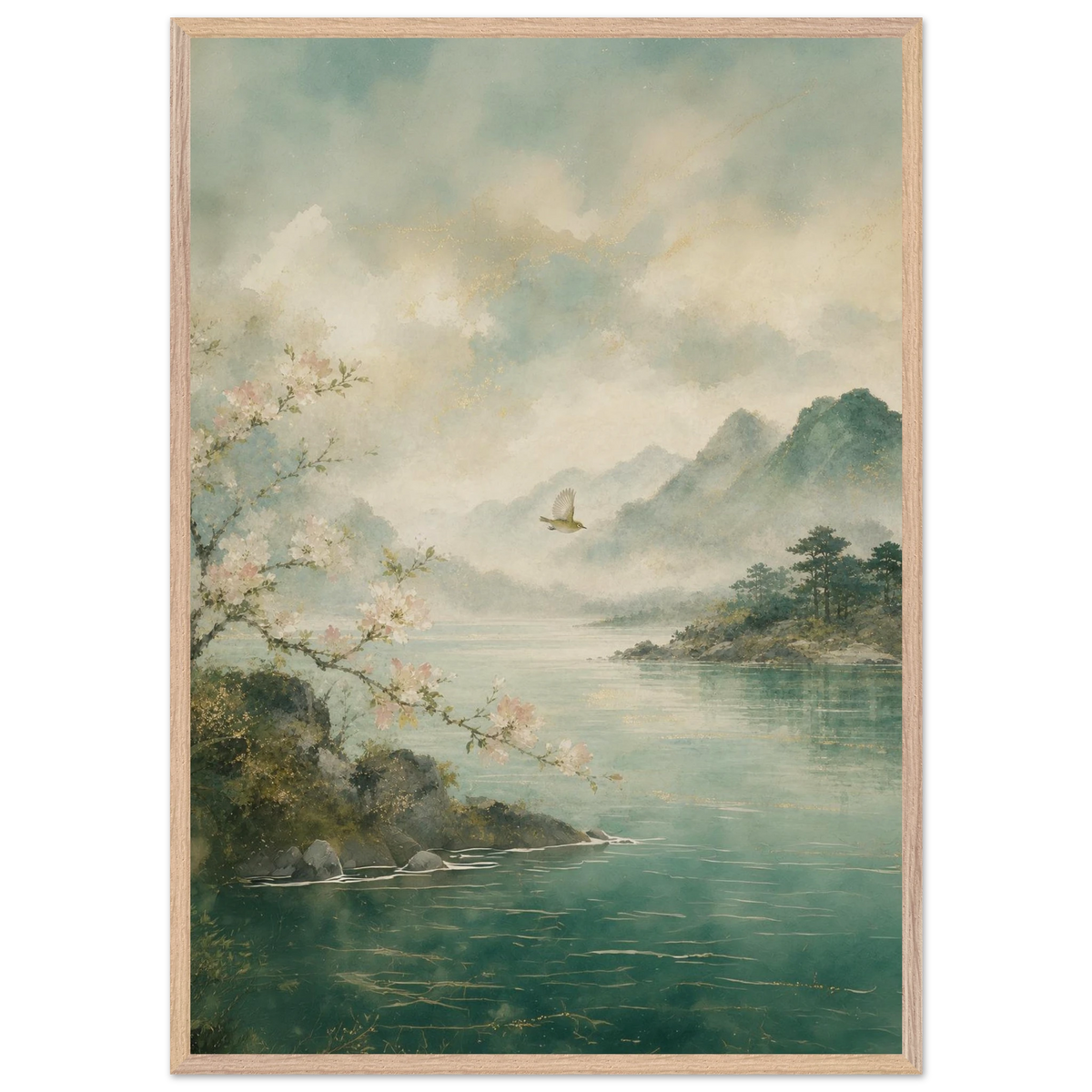 Celadon Flight: birds, japanese landscape and japandi. Framed fine art print by The Light Stays.
