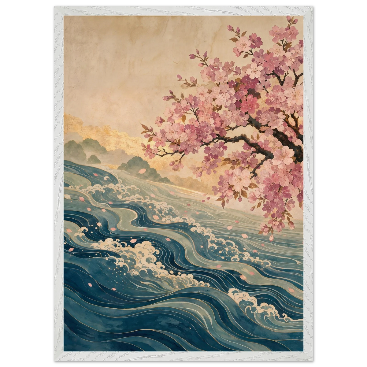 Blossom Tide: japanese art, cherry blossom and wave. Framed fine art print, alternate frame and size.