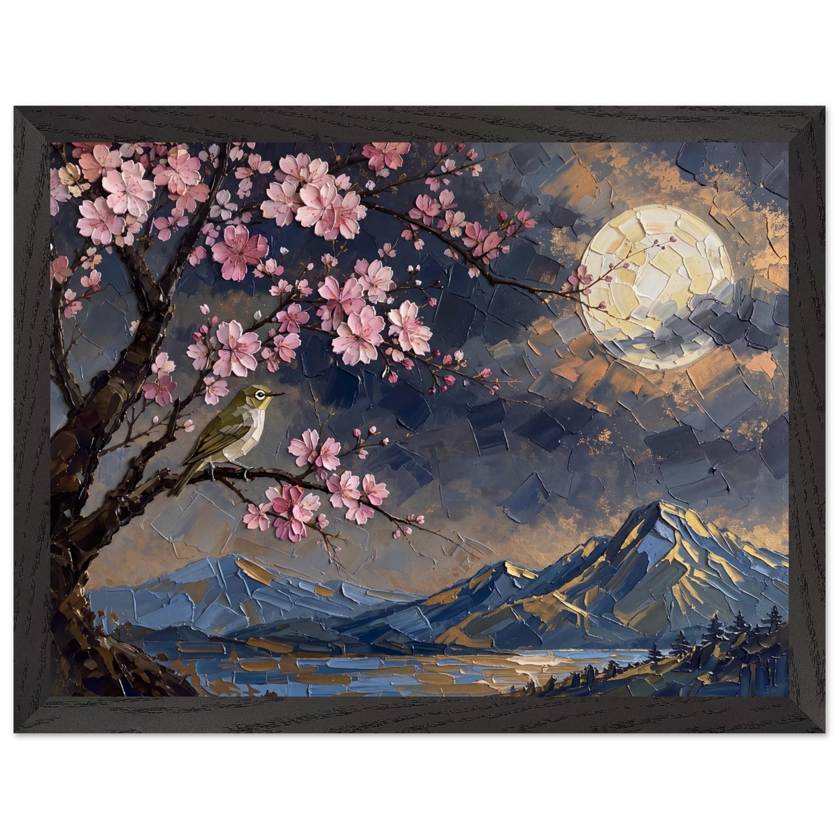 Blossom Moon: cherry blossom, japanese landscape and night. Framed fine art print by The Light Stays.