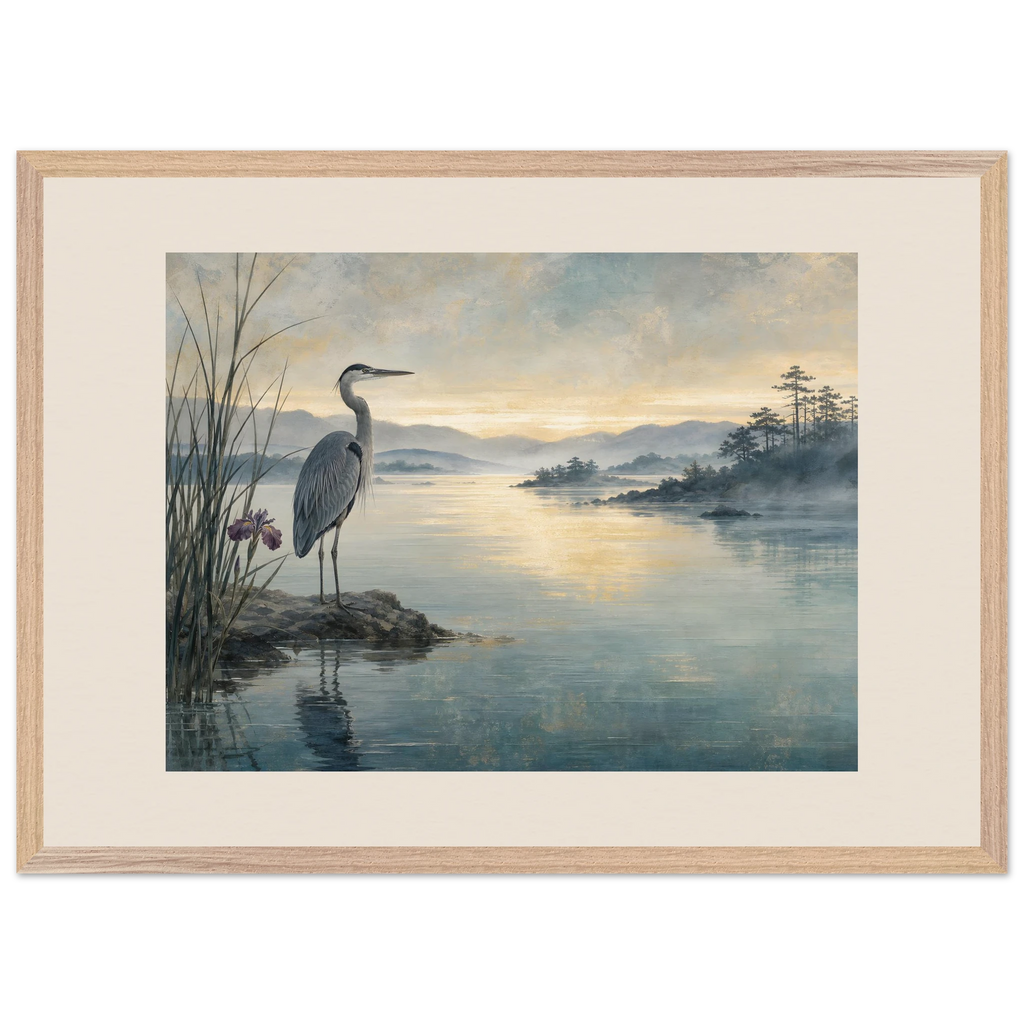 Heron at Dawn, japanese art and japandi. Archival framed fine art print shown framed.