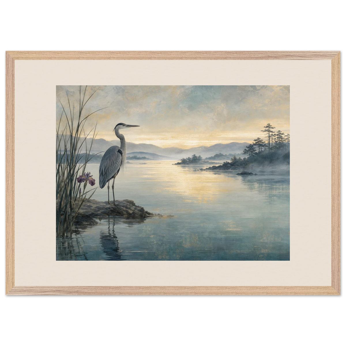 Heron at Dawn, japanese art and japandi. Archival framed fine art print shown framed.