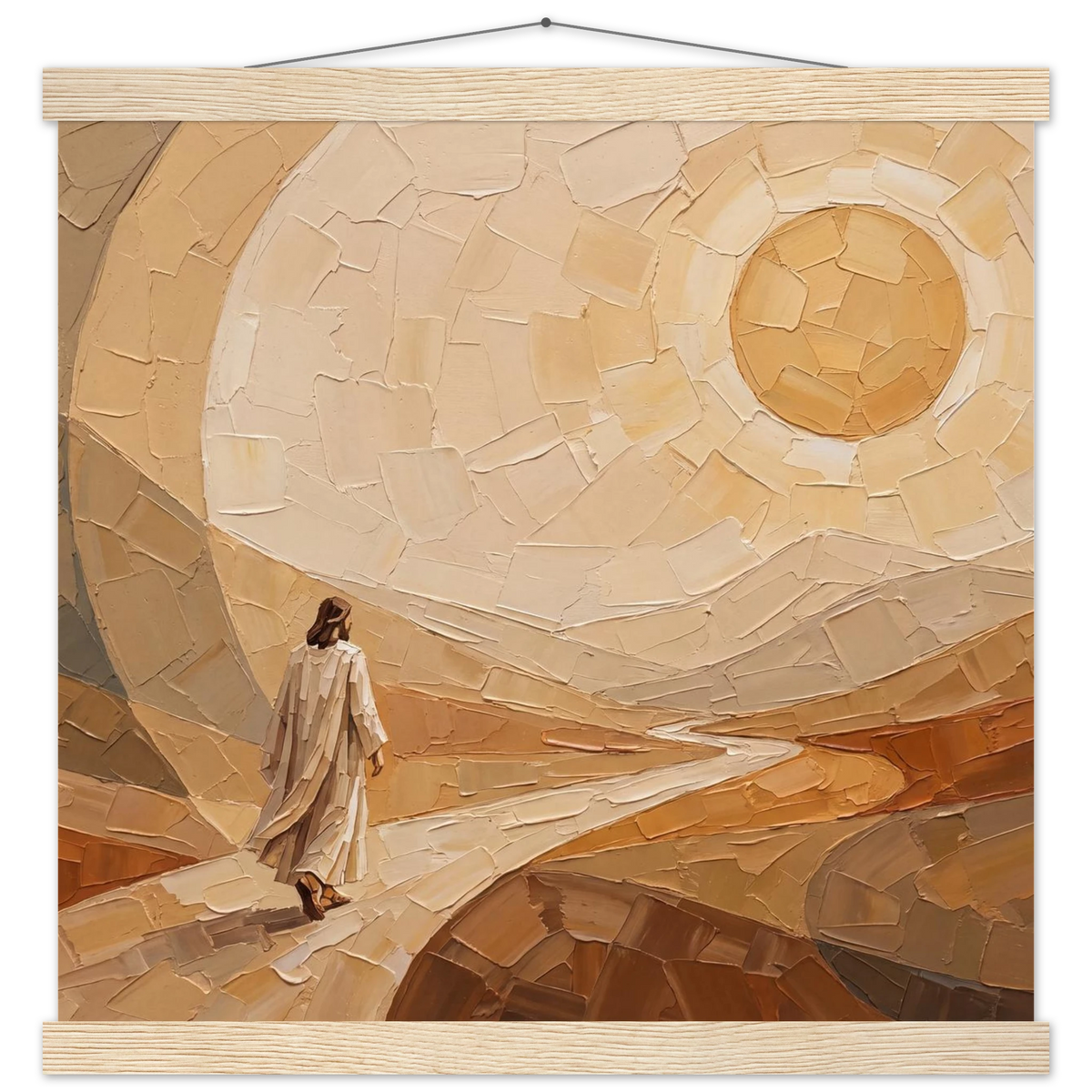 Lightfall: jesus, landscape and golden tones. Fine art poster with wooden hanger by The Light Stays.