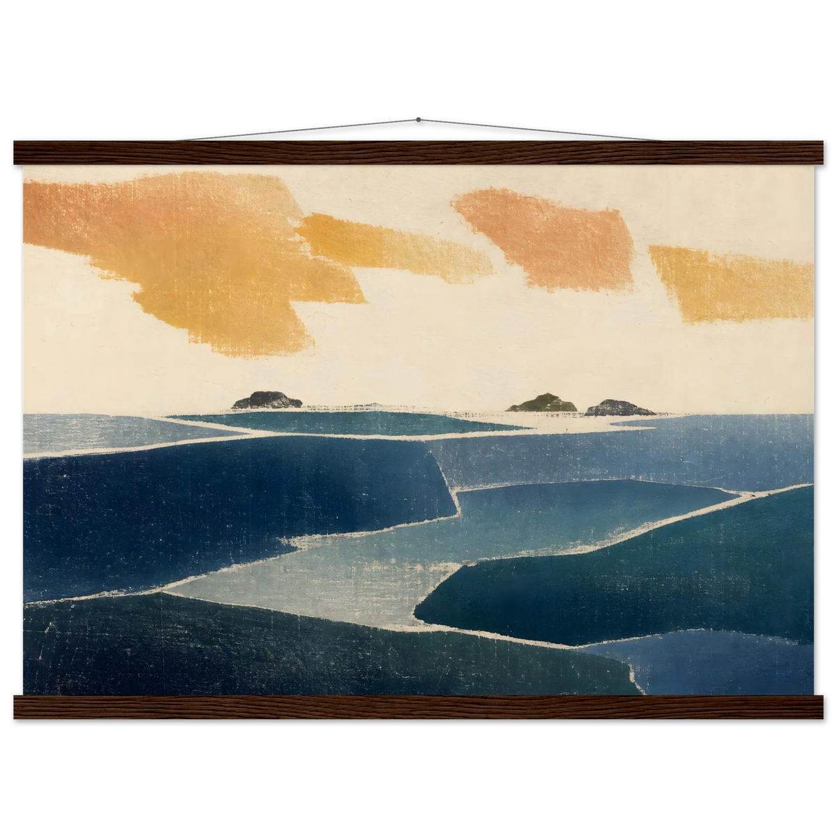 Amber and Indigo: abstract, coastline and color field. Fine art poster, alternate frame and size.