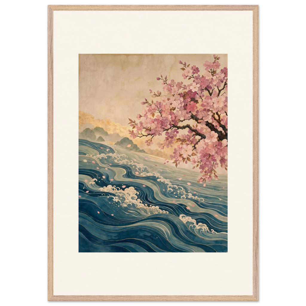 Blossom Tide, japanese art, cherry blossom and wave. Archival framed fine art print shown framed.