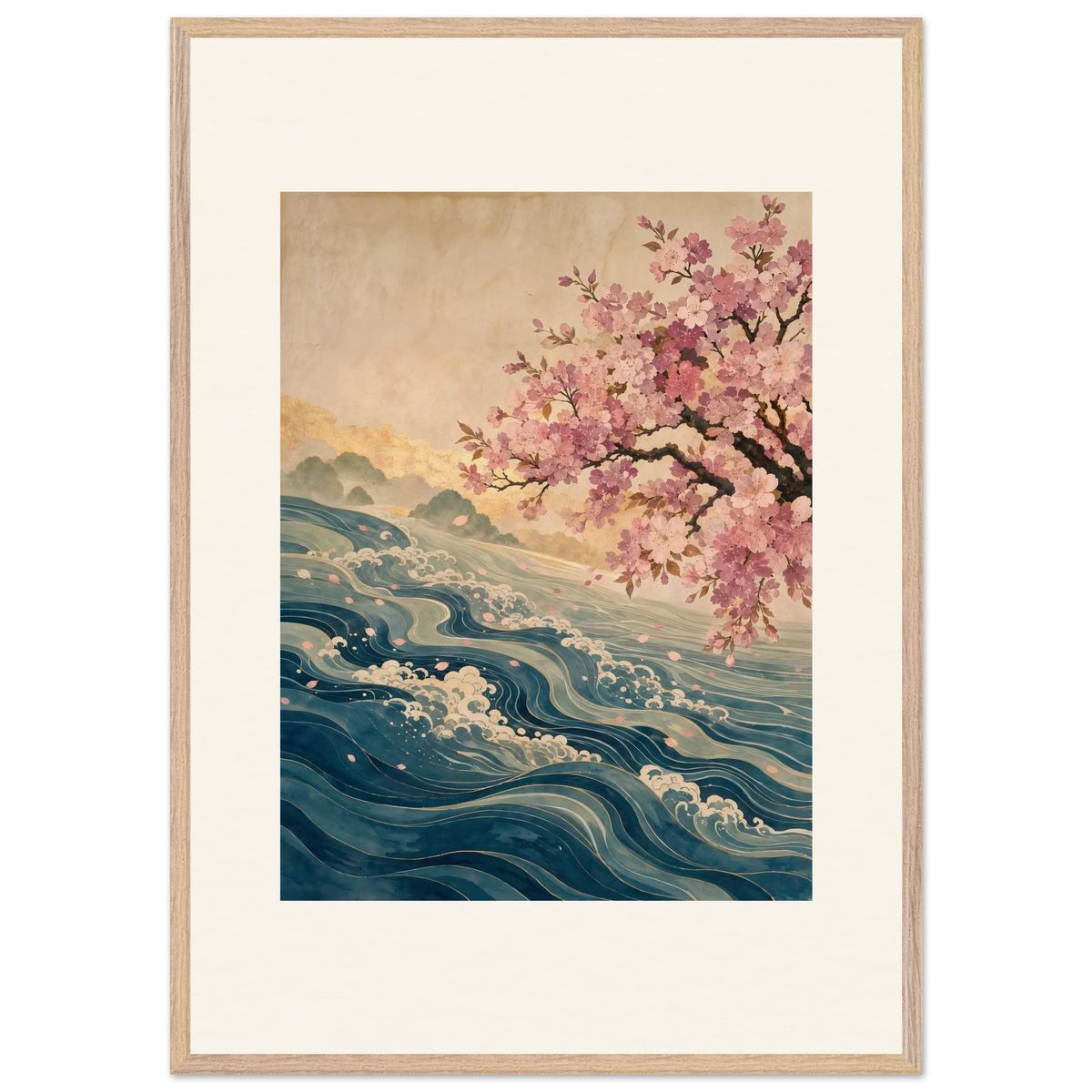 Blossom Tide, japanese art, cherry blossom and wave. Archival framed fine art print shown framed.