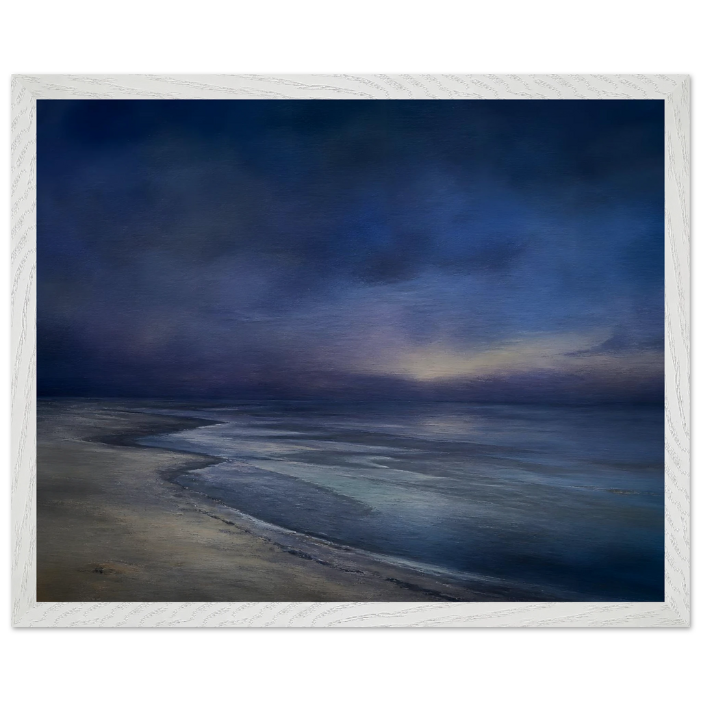Blue Hour Shore: sea and coastal landscape. Framed fine art print, alternate frame and size.