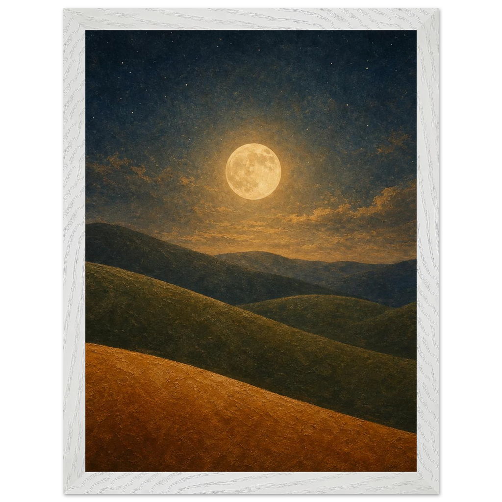 Quadro emoldurado Colinas da Lua, lua cheia sobre colinas em oliva e argila