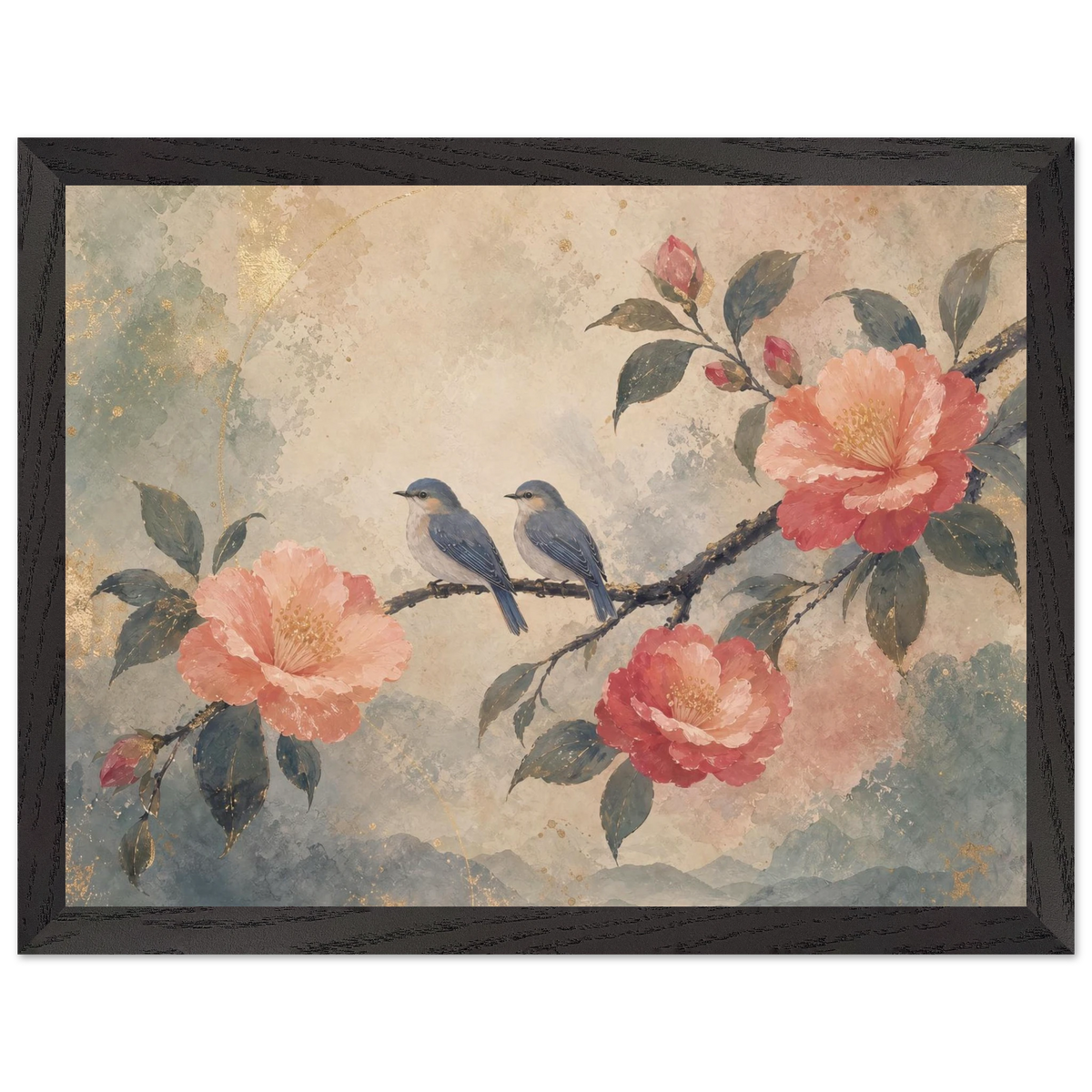 Camellia Birds: flowers and botanical. Museum-quality framed fine art print.