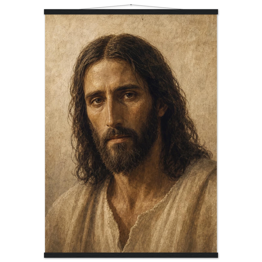 Pôster Kind Eyes com suporte de madeira, retrato sereno de Jesus em luz quente