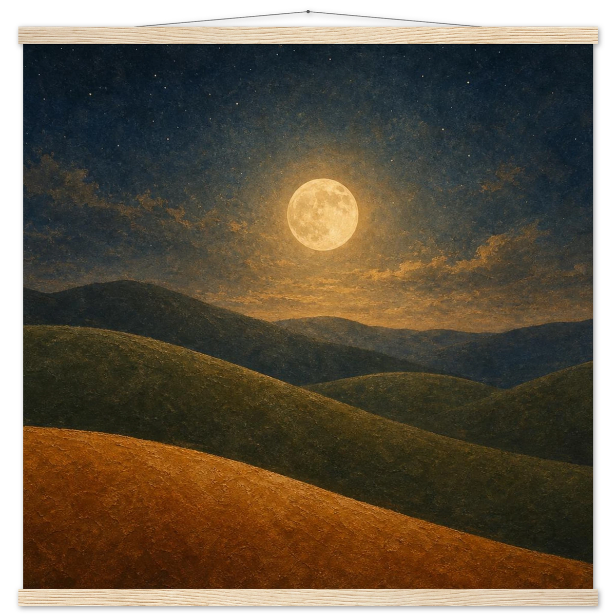 Moon Hills: night, minimalist landscape and charcoal. Fine art poster with wooden hanger by The Light Stays.