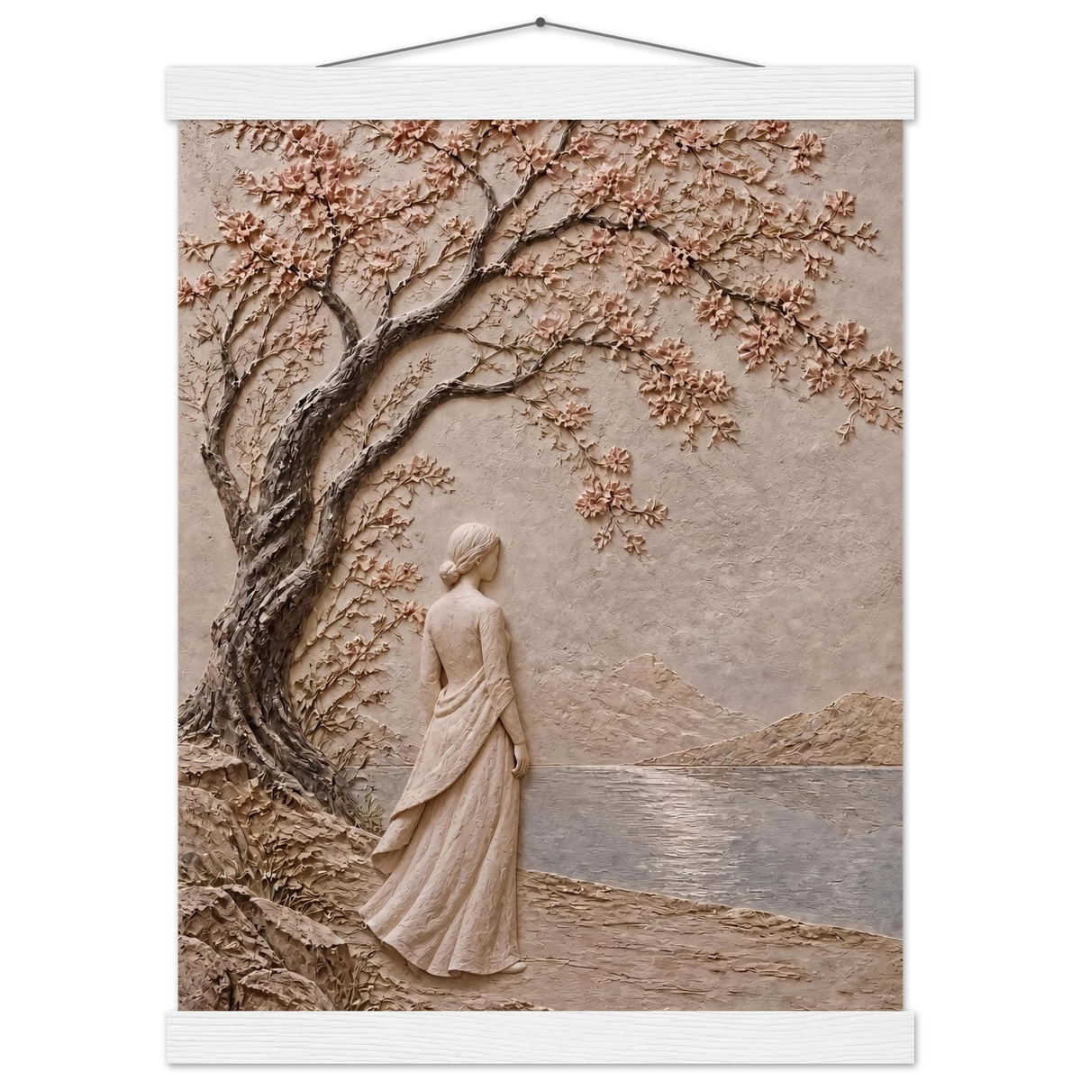 Spring Walk: impasto, lake and blossoming tree. Museum-quality fine art poster.