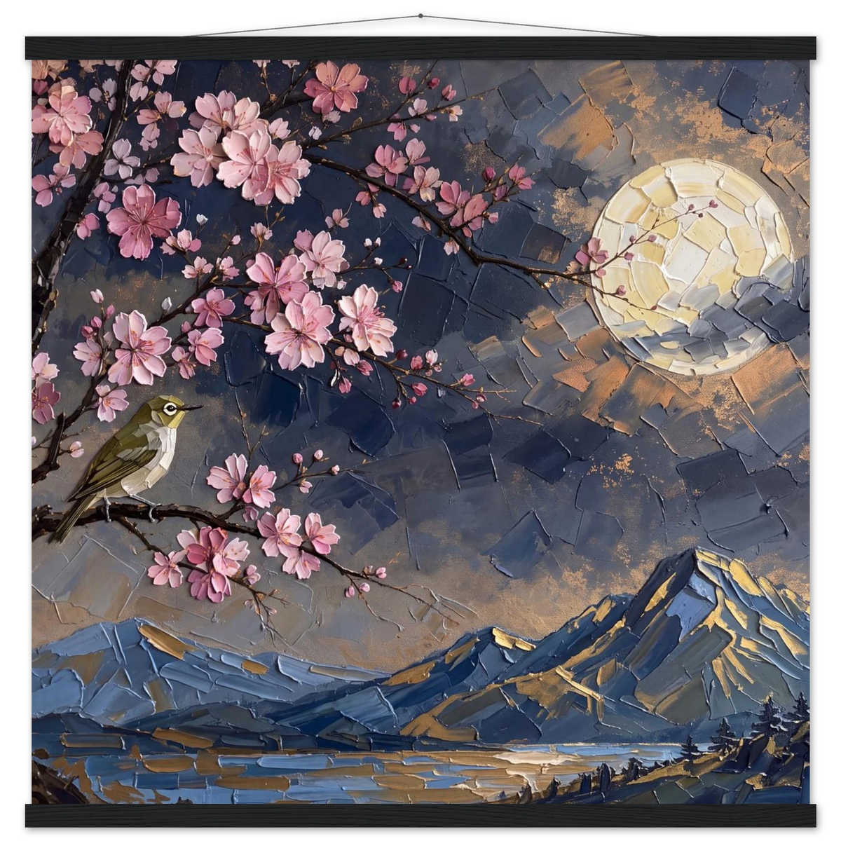 Blossom Moon: cherry blossom, japanese landscape and night. Fine art poster with wooden hanger by The Light Stays.