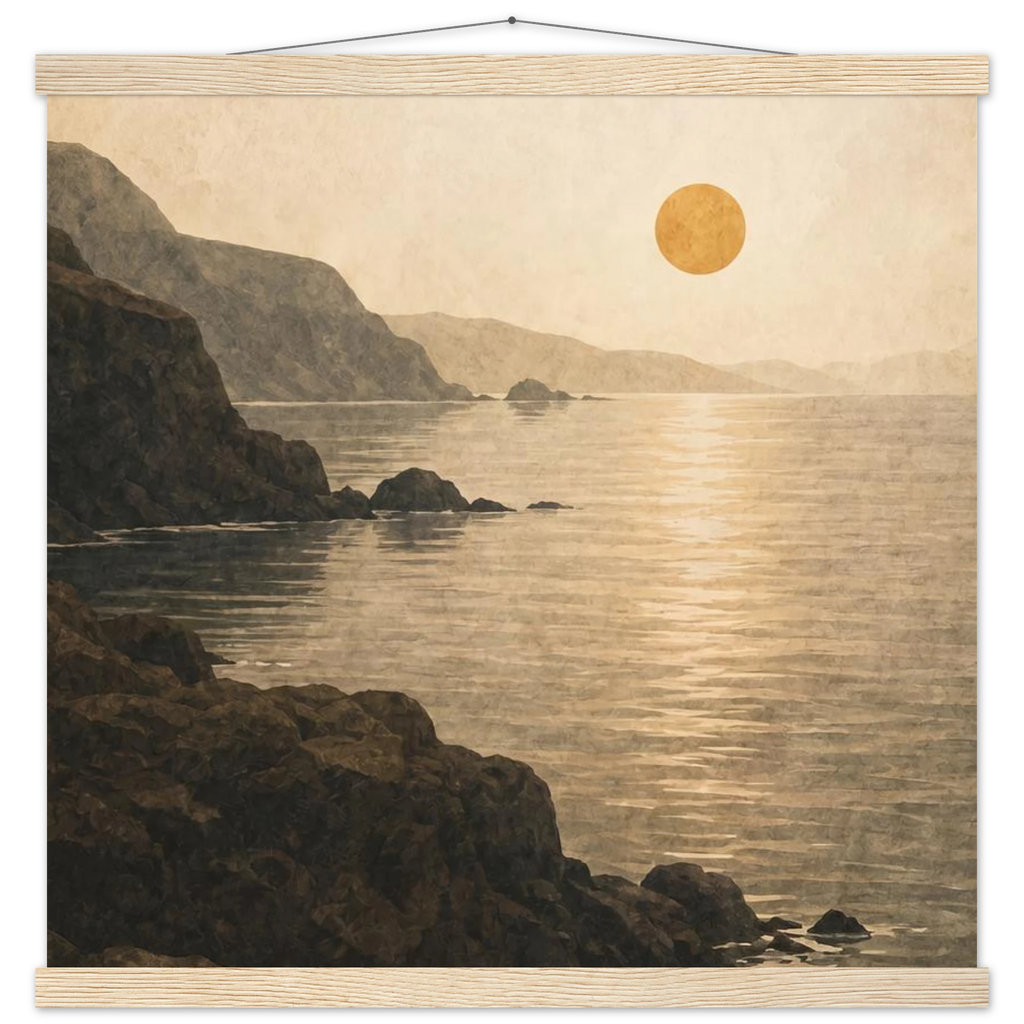 Pôster Amber Coast com suporte de madeira, pôr do sol em tons quentes sobre a costa