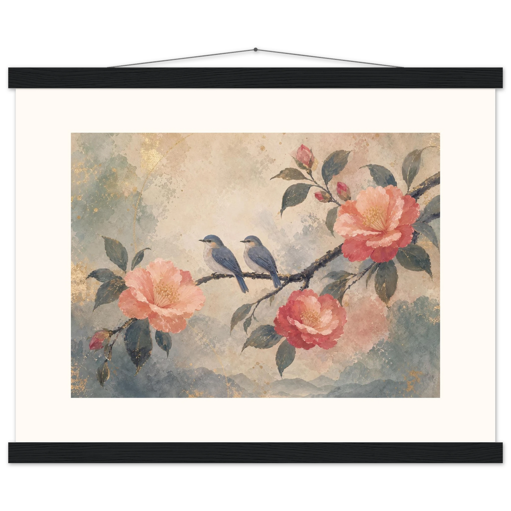 Camellia Birds: flowers and botanical. Museum-quality fine art poster.