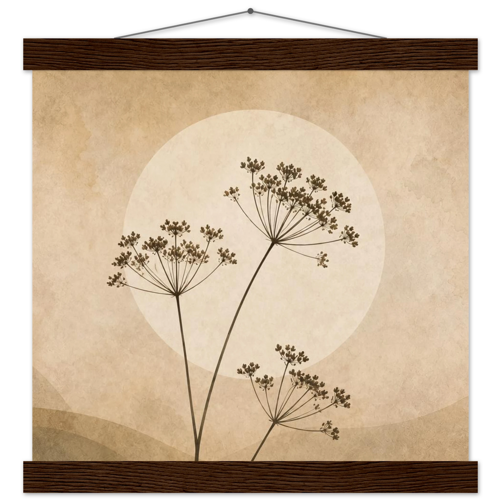 Pôster Wild Stems com suporte de madeira, hastes botânicas suaves em composição circular