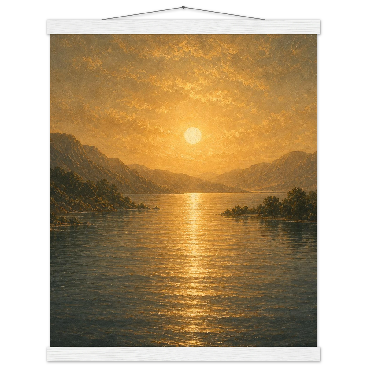 Golden Reflection: lake, sunset and mountains. Fine art poster with wooden hanger by The Light Stays.