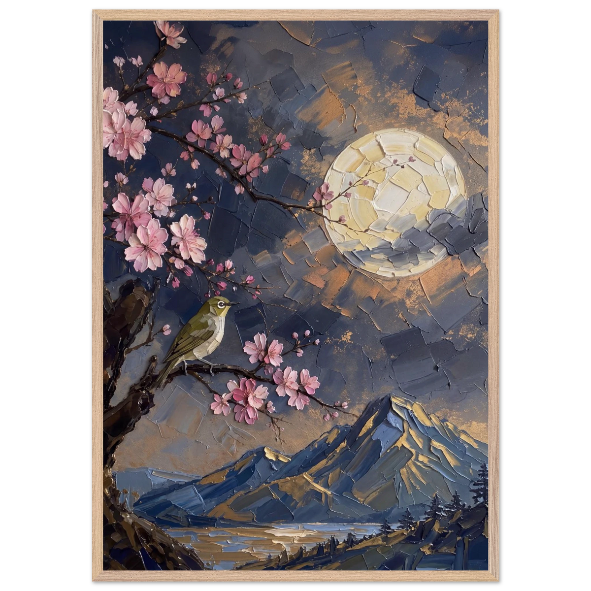 Blossom Moon: cherry blossom, japanese landscape and night. Framed fine art print by The Light Stays.