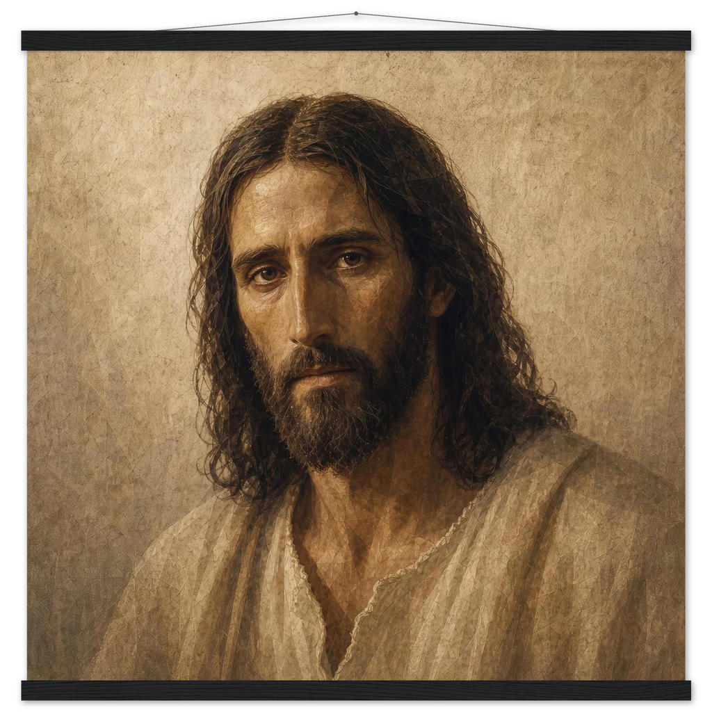 Pôster Kind Eyes com suporte de madeira, retrato sereno de Jesus em luz quente