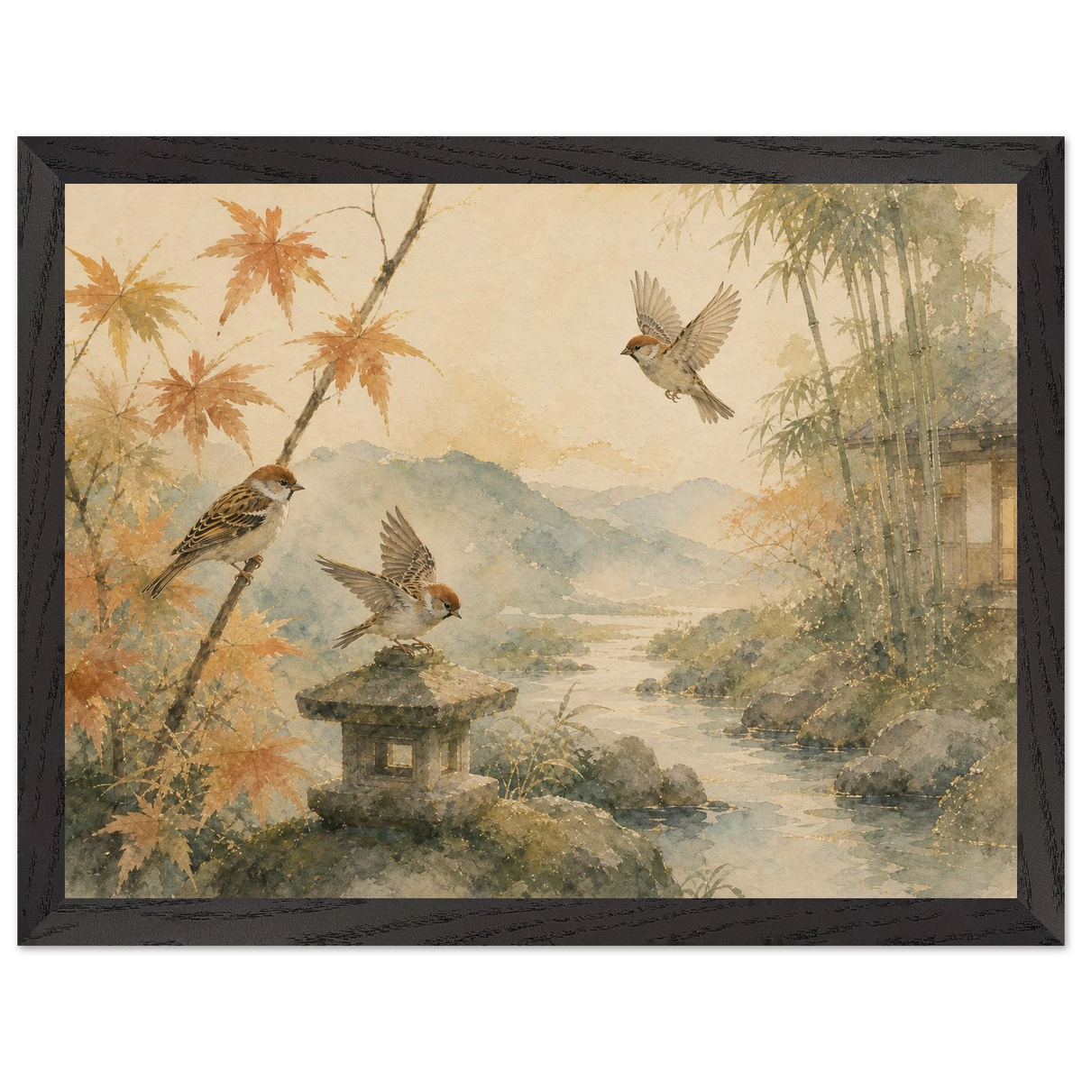 Three Birds Morning: birds, japanese landscape and japandi. Framed fine art print by The Light Stays.