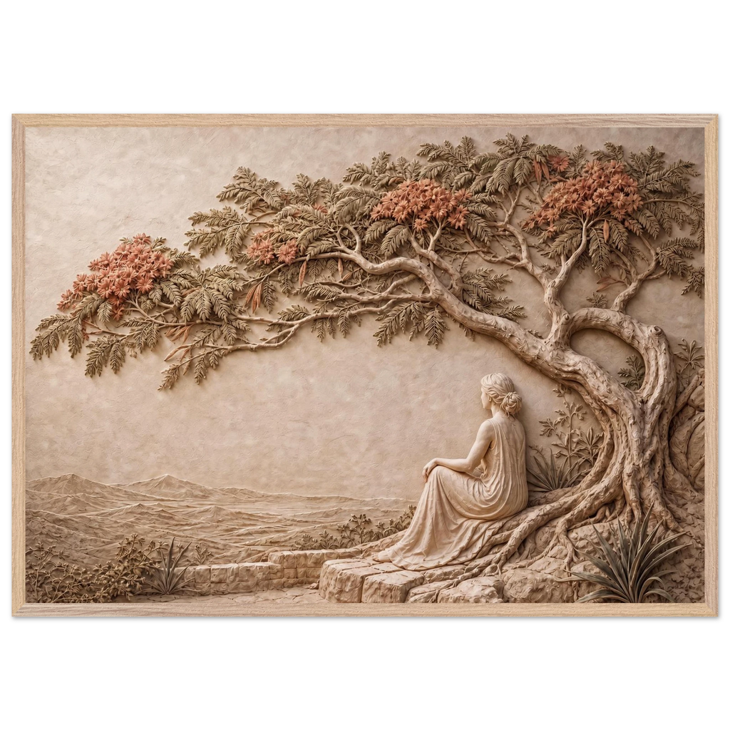 Under the Blossoms, impasto, figure and blossoming canopy. Archival framed fine art print shown framed.