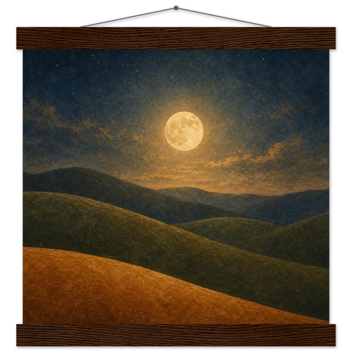 Moon Hills: night, minimalist landscape and charcoal. Fine art poster with wooden hanger by The Light Stays.