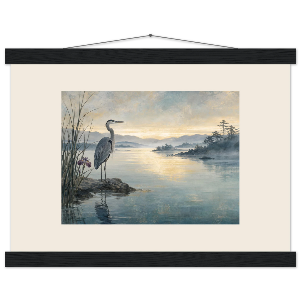 Heron at Dawn, japanese art and japandi. Archival fine art poster shown framed.