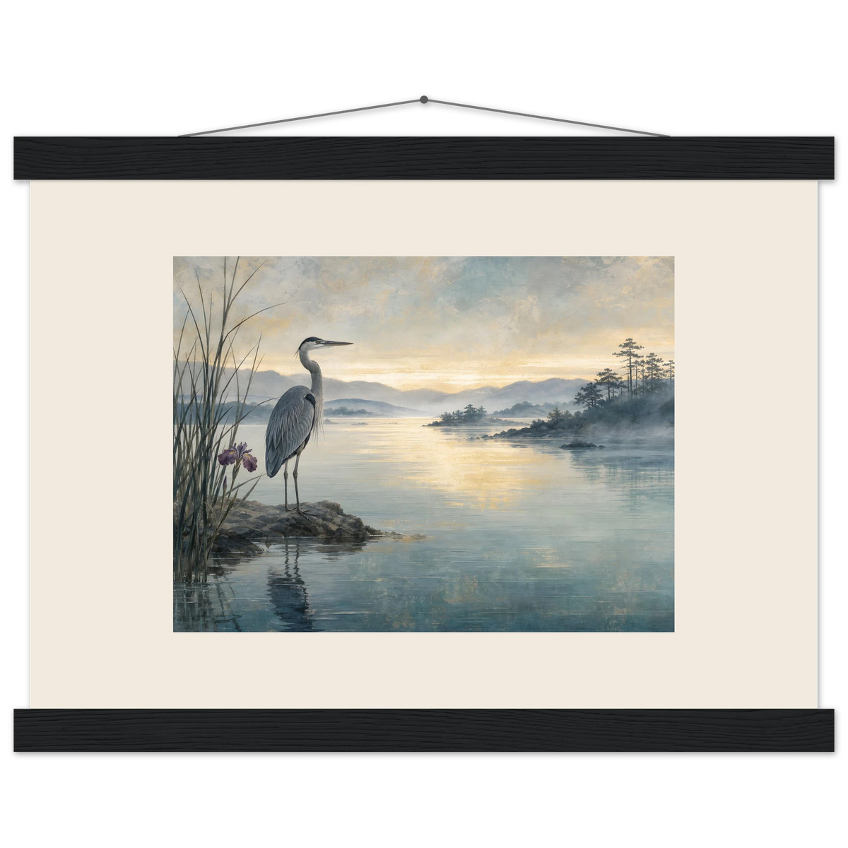 Heron at Dawn, japanese art and japandi. Archival fine art poster shown framed.