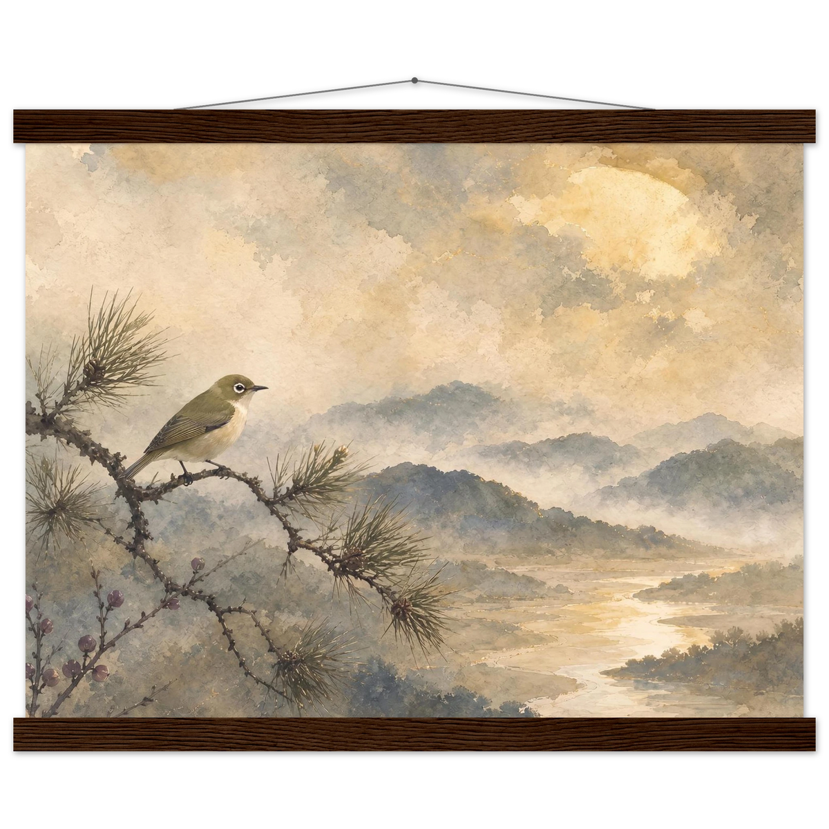 Golden Moon Bird: japanese art and japandi. Fine art poster, alternate frame and size.