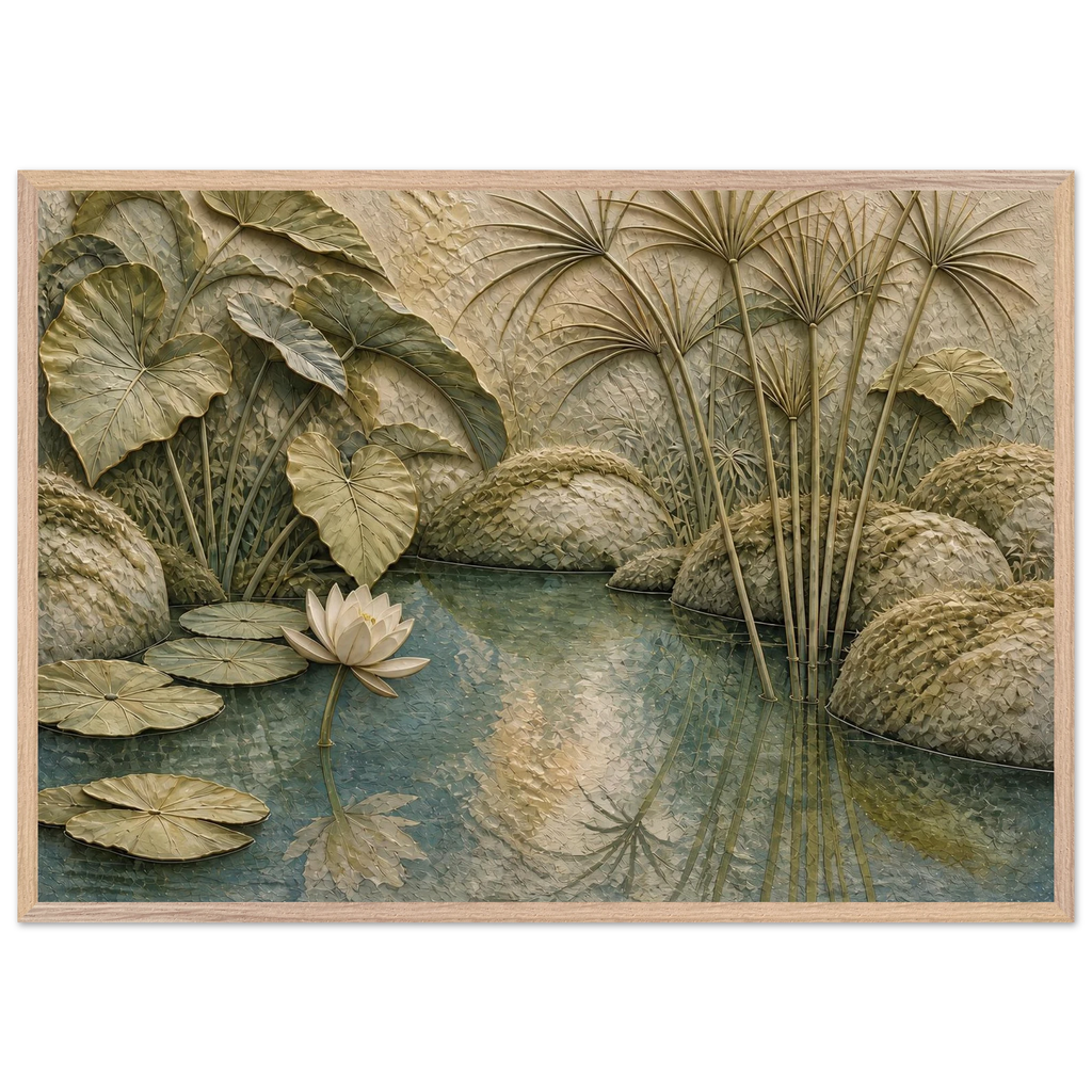 Papyrus Pond: lake, papyrus and serene greens. Museum-quality framed fine art print.