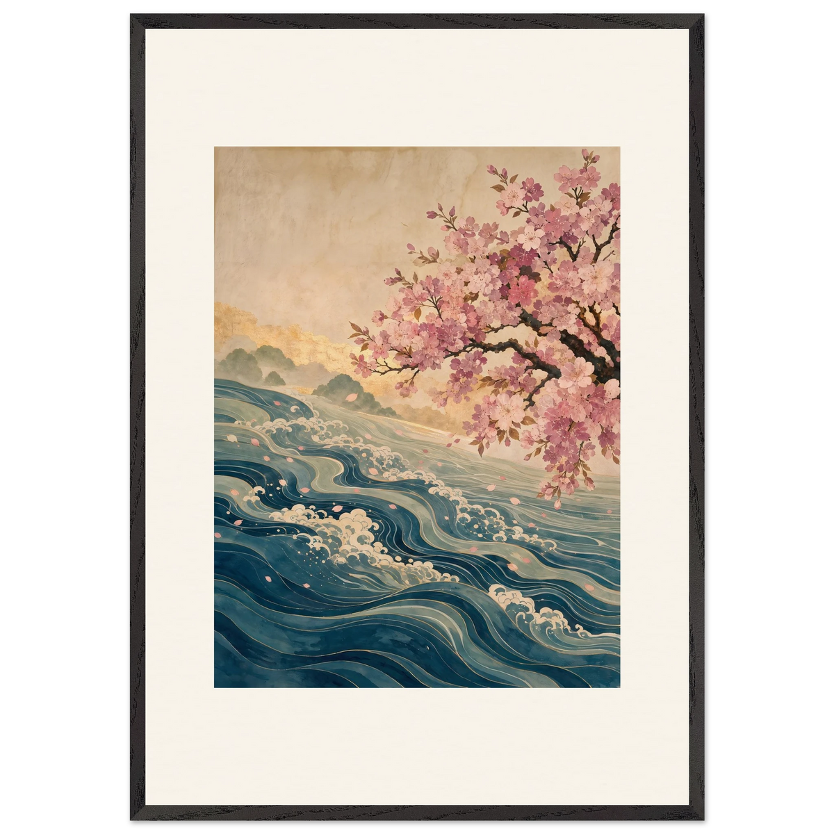 Blossom Tide: japanese art, cherry blossom and wave. Framed fine art print by The Light Stays.