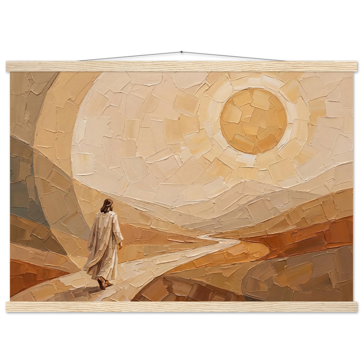 Lightfall: jesus, landscape and golden tones. Fine art poster with wooden hanger by The Light Stays.