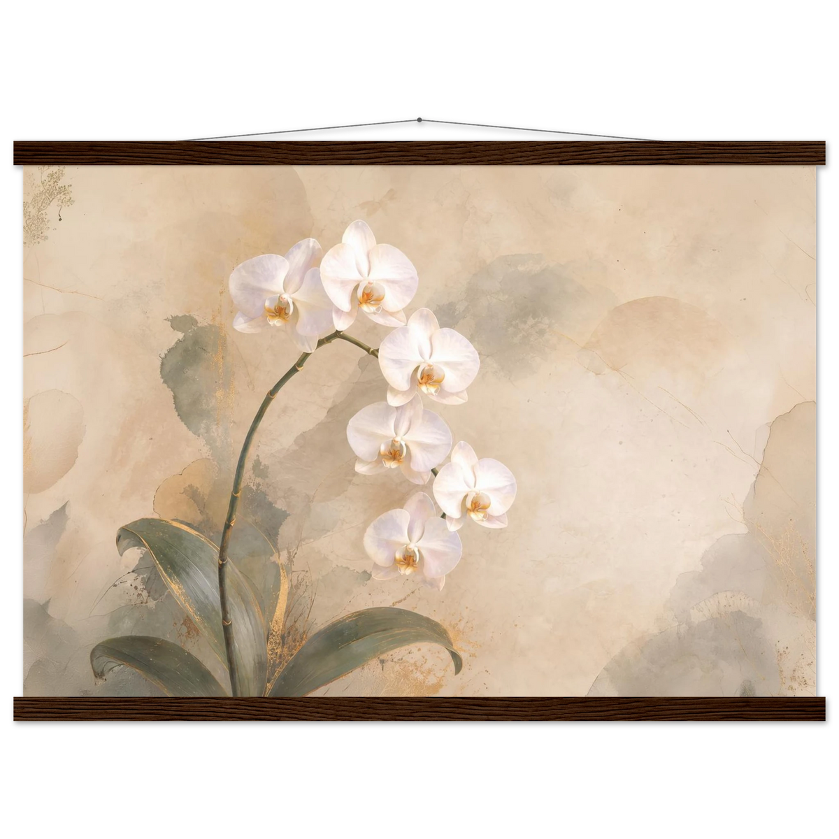 Orchid Luminance: botanical, pale gold and floral art. Fine art poster with wooden hanger by The Light Stays.