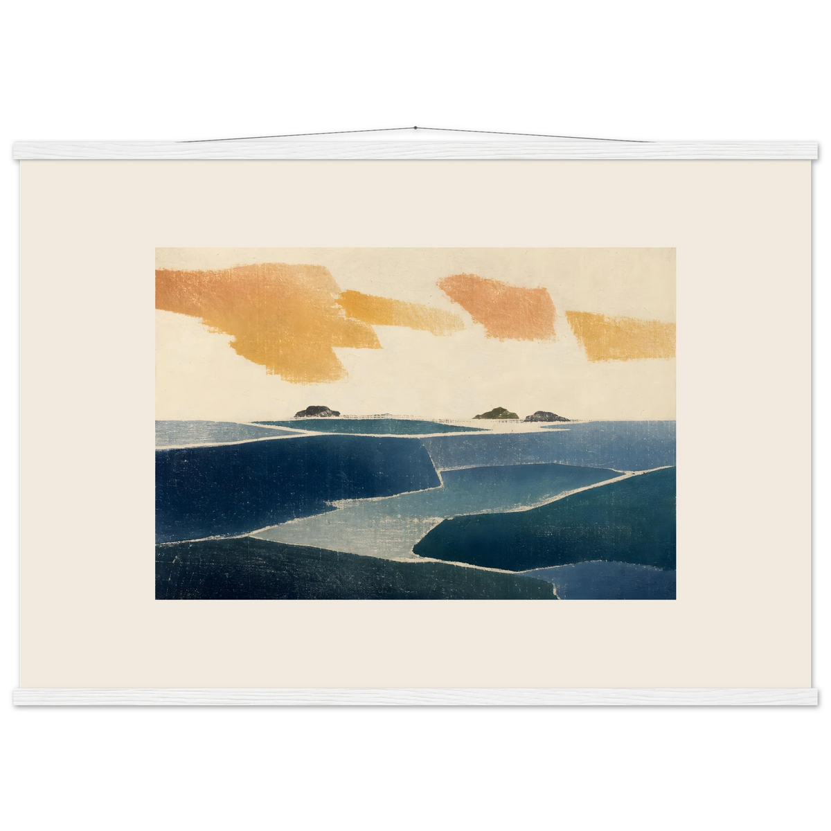 Amber and Indigo: abstract, coastline and color field. Museum-quality fine art poster.