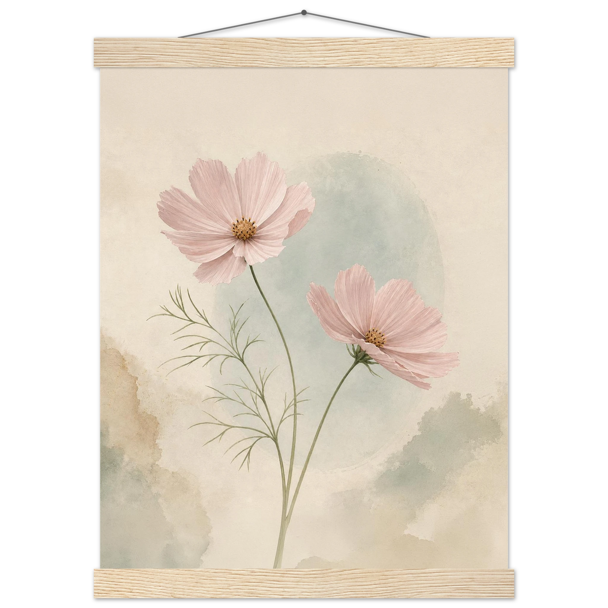 Cosmos Unison: flowers, blush and celadon. Fine art poster with wooden hanger by The Light Stays.