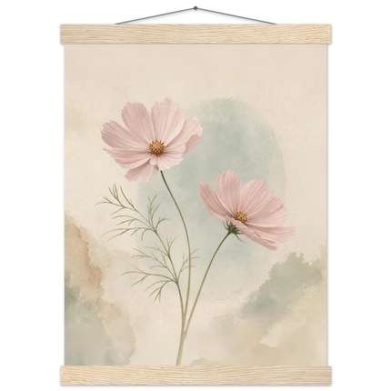 Cosmos Unison: flowers, blush and celadon. Fine art poster with wooden hanger by The Light Stays.