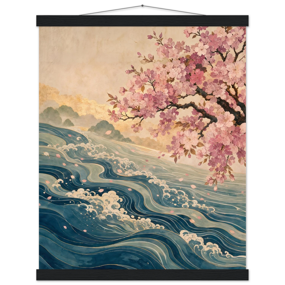 Blossom Tide: japanese art, cherry blossom and wave. Fine art poster with wooden hanger by The Light Stays.